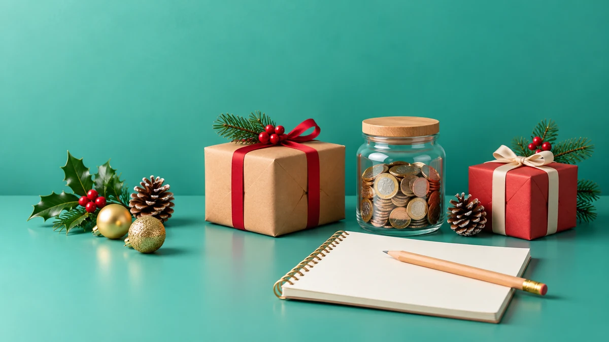 Bocal de pièces, carnet et cadeaux de Noël sur un fond vert