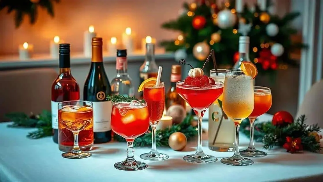 Verres de boissons colorées et bouteilles sur une table de Noël Verres de boissons colorées et bouteilles sur une table de Noël