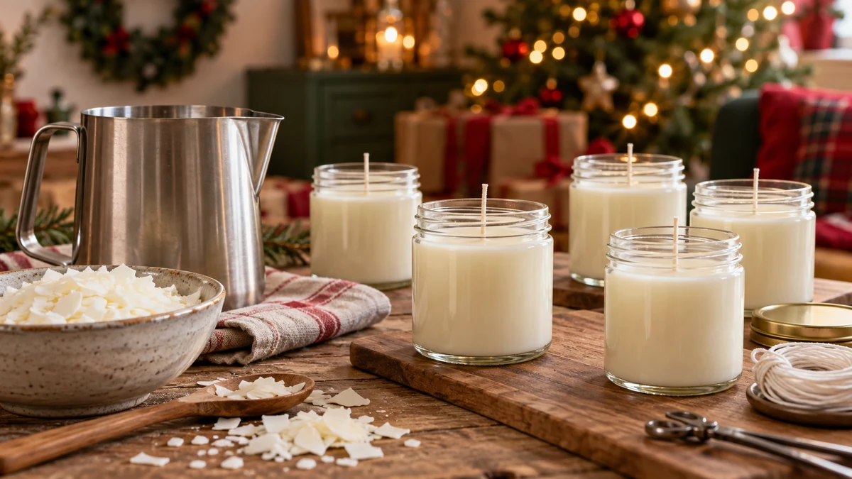 Bougies éteintes, cire en flocons, pichet et mèches sur une table