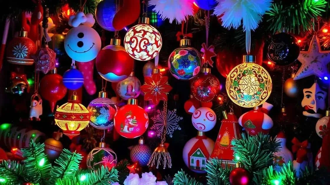 Boules multicolores et ornements en forme de personnages sur un sapin Boules multicolores et ornements en forme de personnages sur un sapin