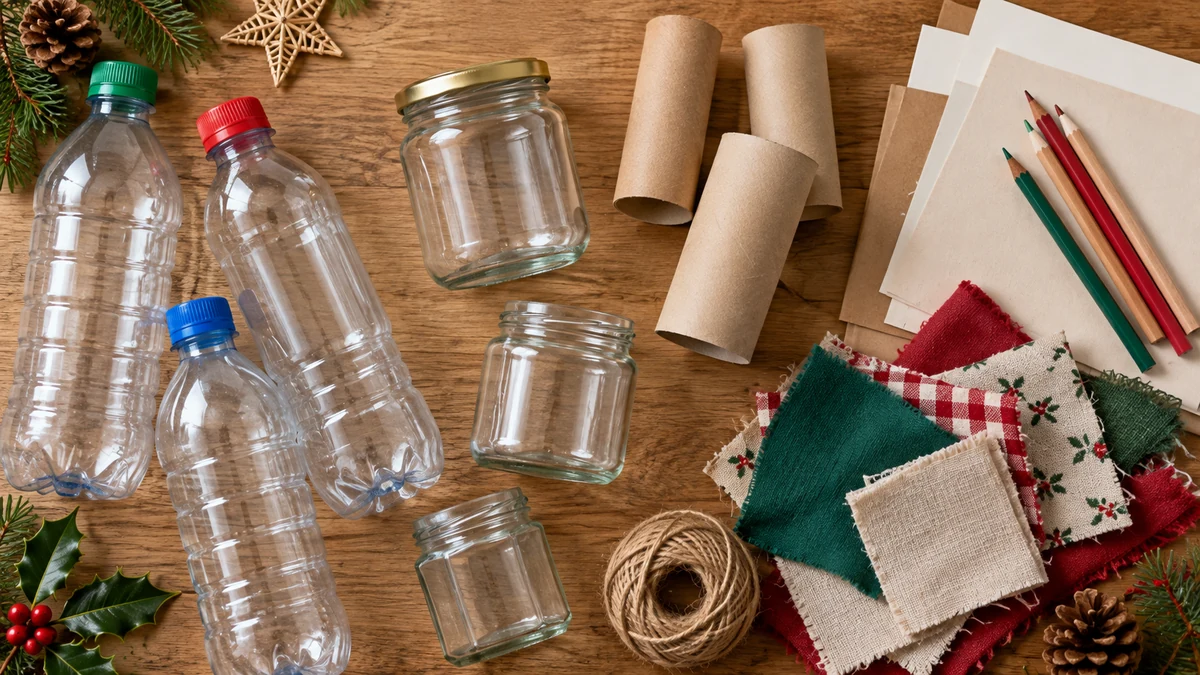 Bouteilles, carton, papier et tissus réunis pour un atelier de récupération