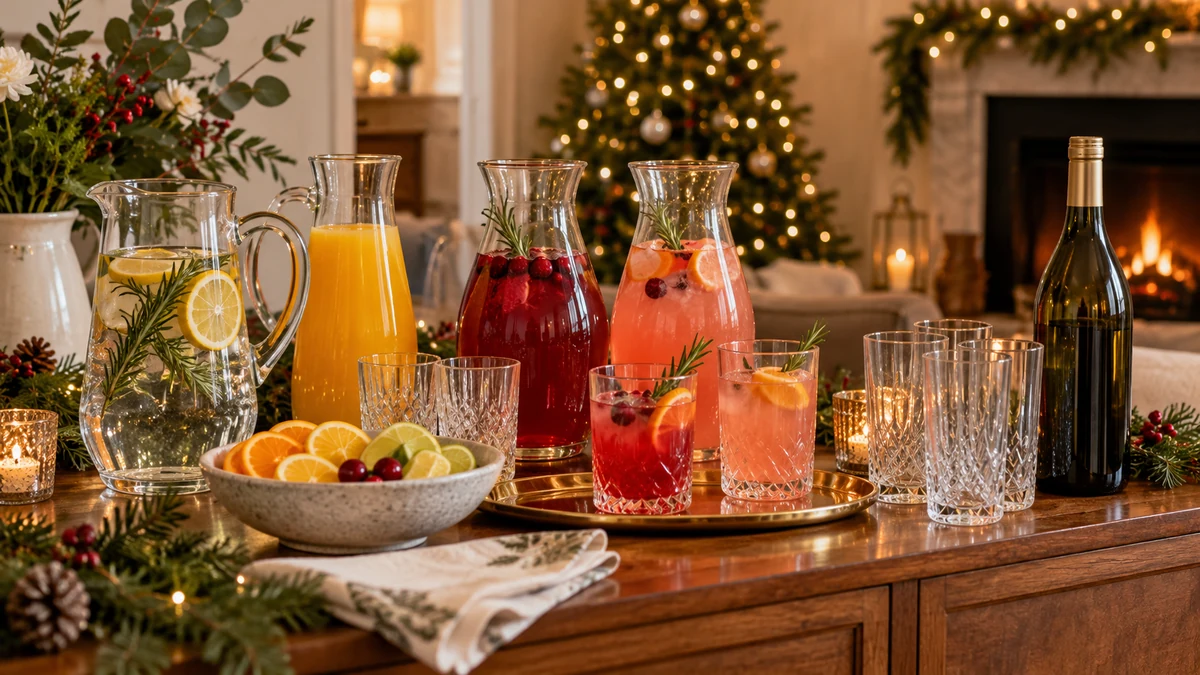 Carafes de boissons aux fruits, eau citronnée, verres et bouteille sur un buffet de Noël