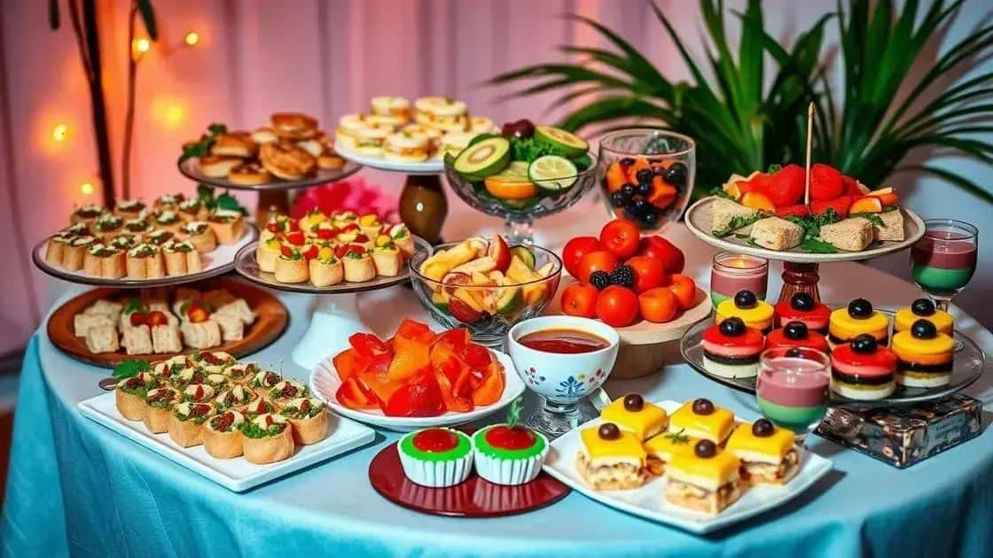 Buffet de petites bouchées, de fruits et de desserts présentés sur des plateaux
