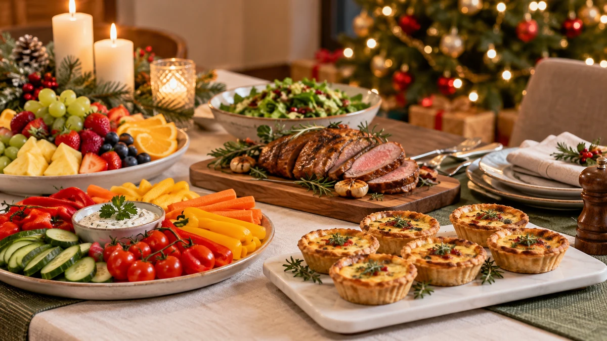 Buffet de Noël avec crudités, fruits, mini-quiches et viande tranchée Buffet de Noël avec crudités, fruits, mini-quiches et viande tranchée
