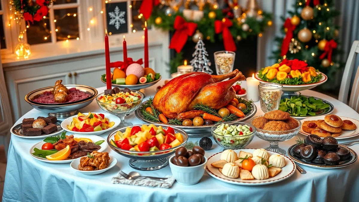 Buffet de fête avec volaille rôtie, légumes, fruits et desserts