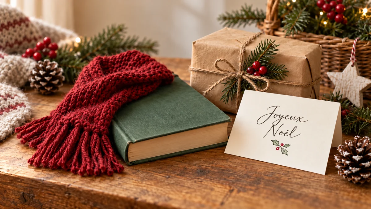 Un cadeau emballé, une écharpe et une carte Joyeux Noël