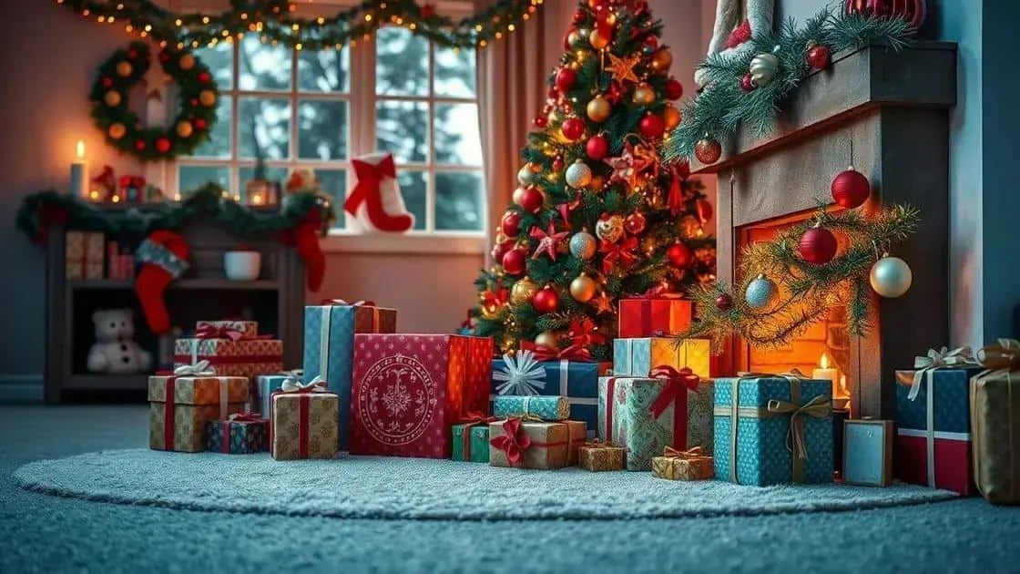Cadeaux emballés près d’un sapin de Noël