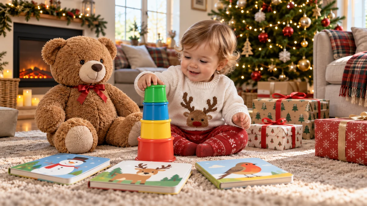 Un jeune enfant empile des gobelets près d’un ours en peluche et d’albums illustrés