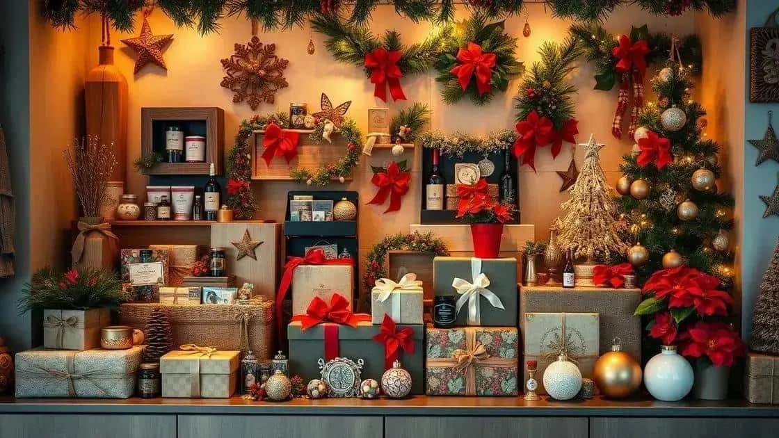 Cadeaux, paniers et ornements exposés dans un décor de Noël Cadeaux, paniers et ornements exposés dans un décor de Noël