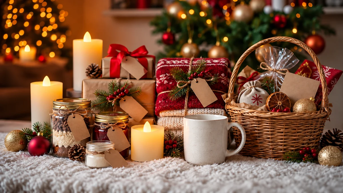 Cadeaux emballés, panier gourmand, tasse et bougies LED
