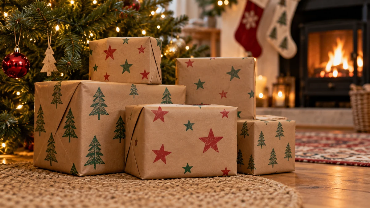 Cadeaux de Noël emballés dans du papier décoré d’étoiles et de sapins