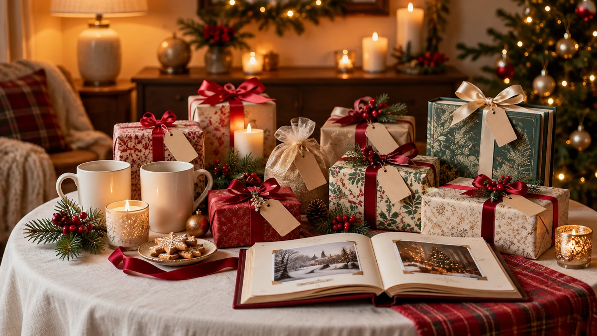 Cadeaux emballés, tasses et album de photographies sur une table de Noël