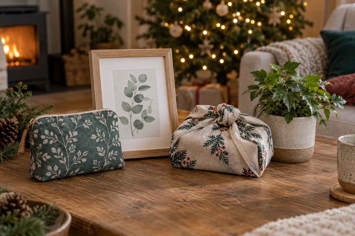 Pochette en tissu, cadre botanique, cadeau emballé dans un tissu et plante en pot