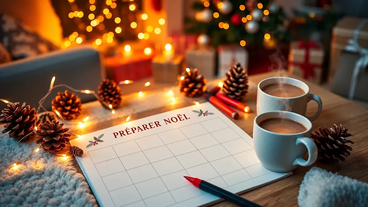 Un calendrier intitulé « Préparer Noël » près de deux tasses et de pommes de pin