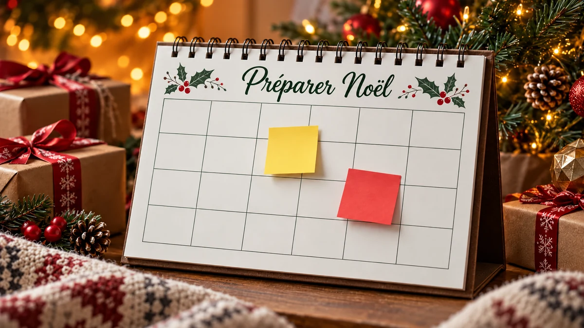 Calendrier de bureau intitulé Préparer Noël avec des cases à compléter