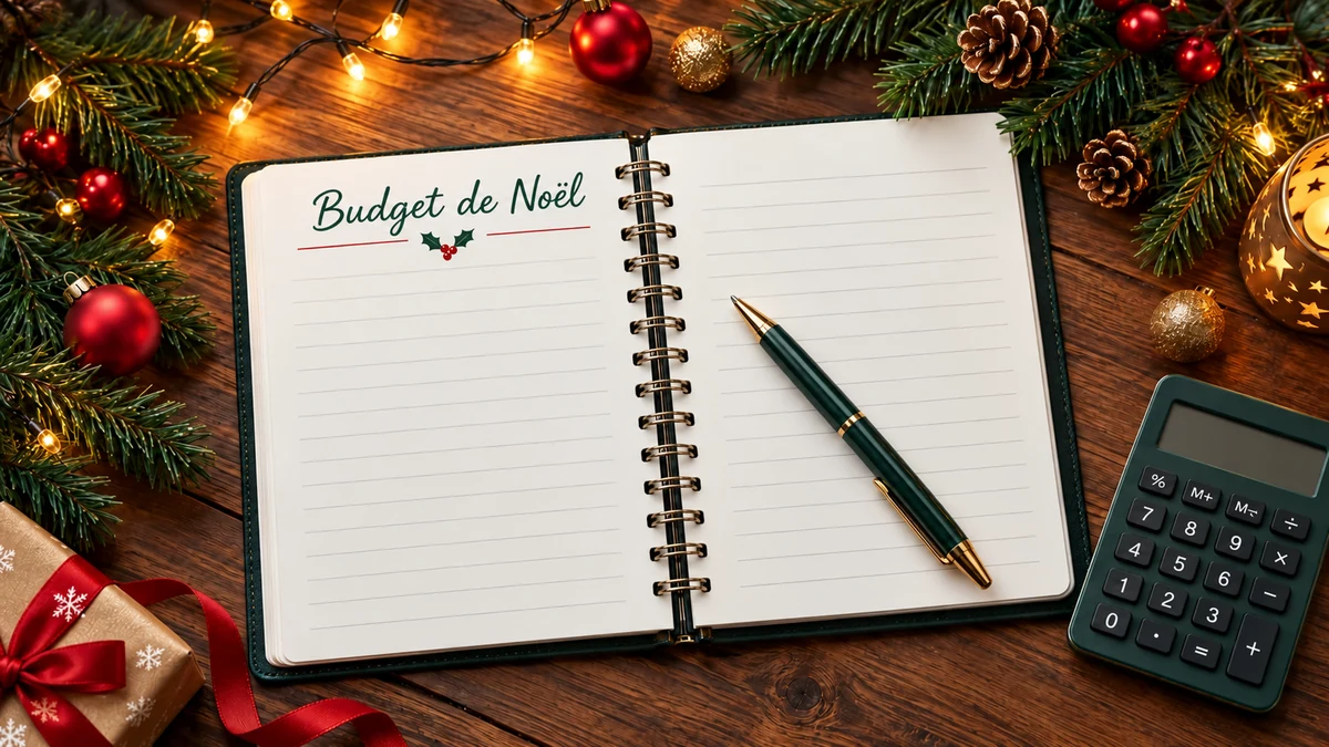Carnet portant le titre Budget de Noël, avec un stylo et une calculatrice