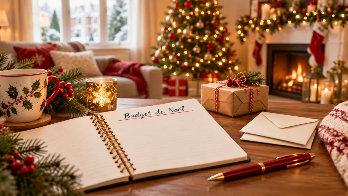 Un carnet Budget de Noël et des enveloppes sur une table festive