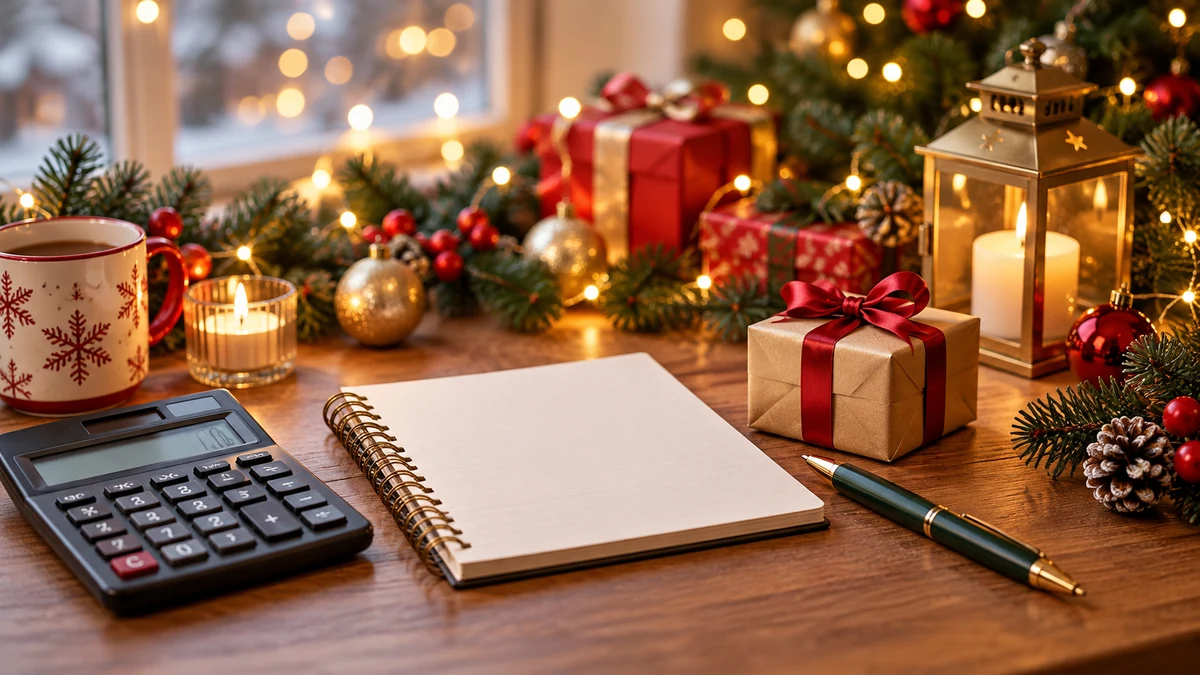 Carnet et calculatrice près d’un cadeau et de décorations de Noël