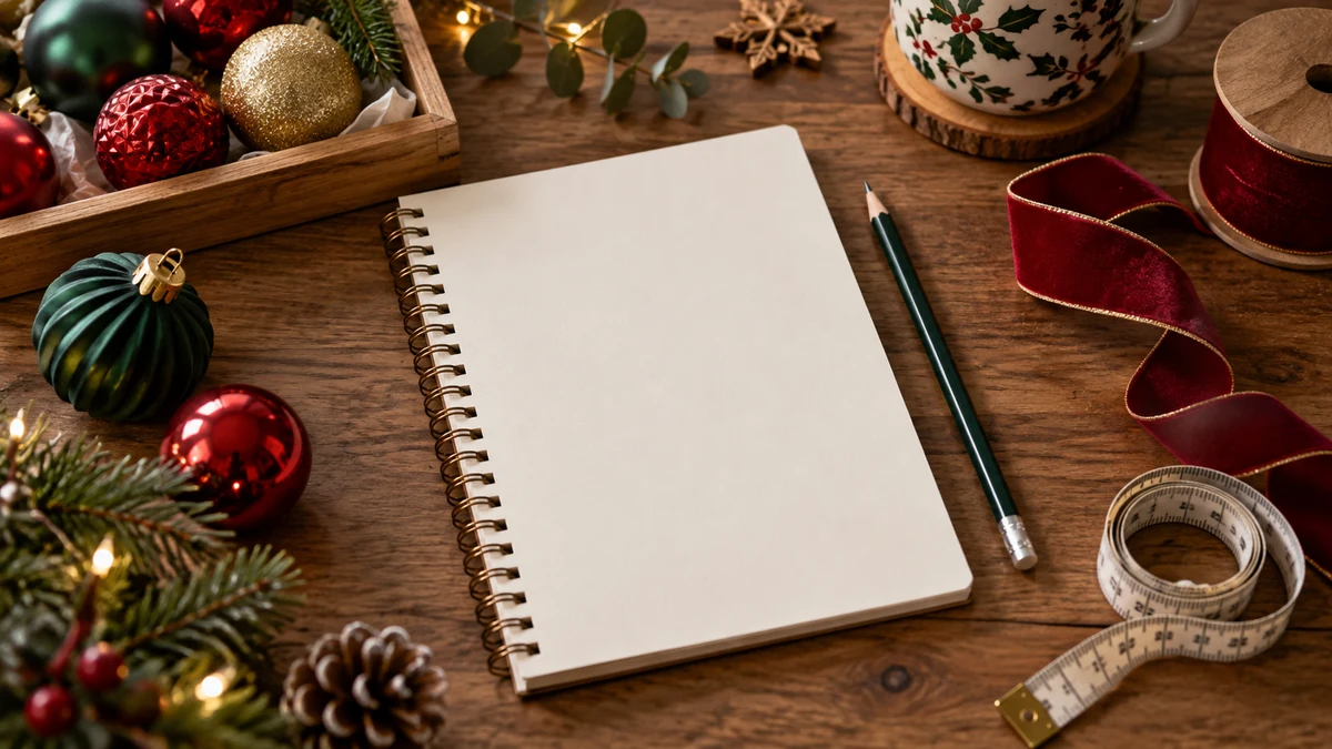 Carnet vierge, crayon et ornements pour préparer une décoration de Noël