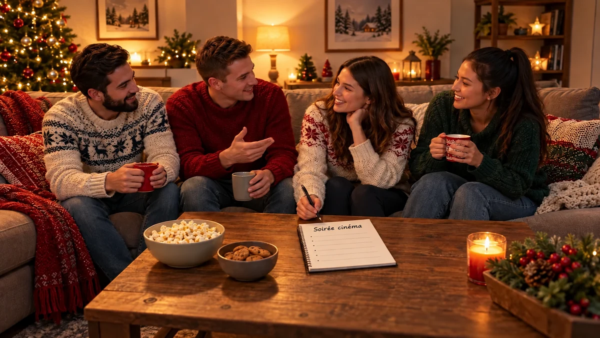 Illustration de quatre adultes autour d’une table avec un carnet portant le titre « Soirée cinéma »