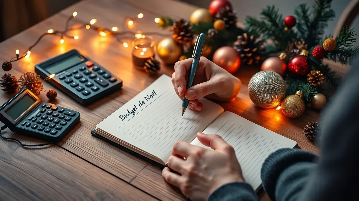 Des mains préparant un carnet de budget de Noël près de calculatrices Des mains préparant un carnet de budget de Noël près de calculatrices