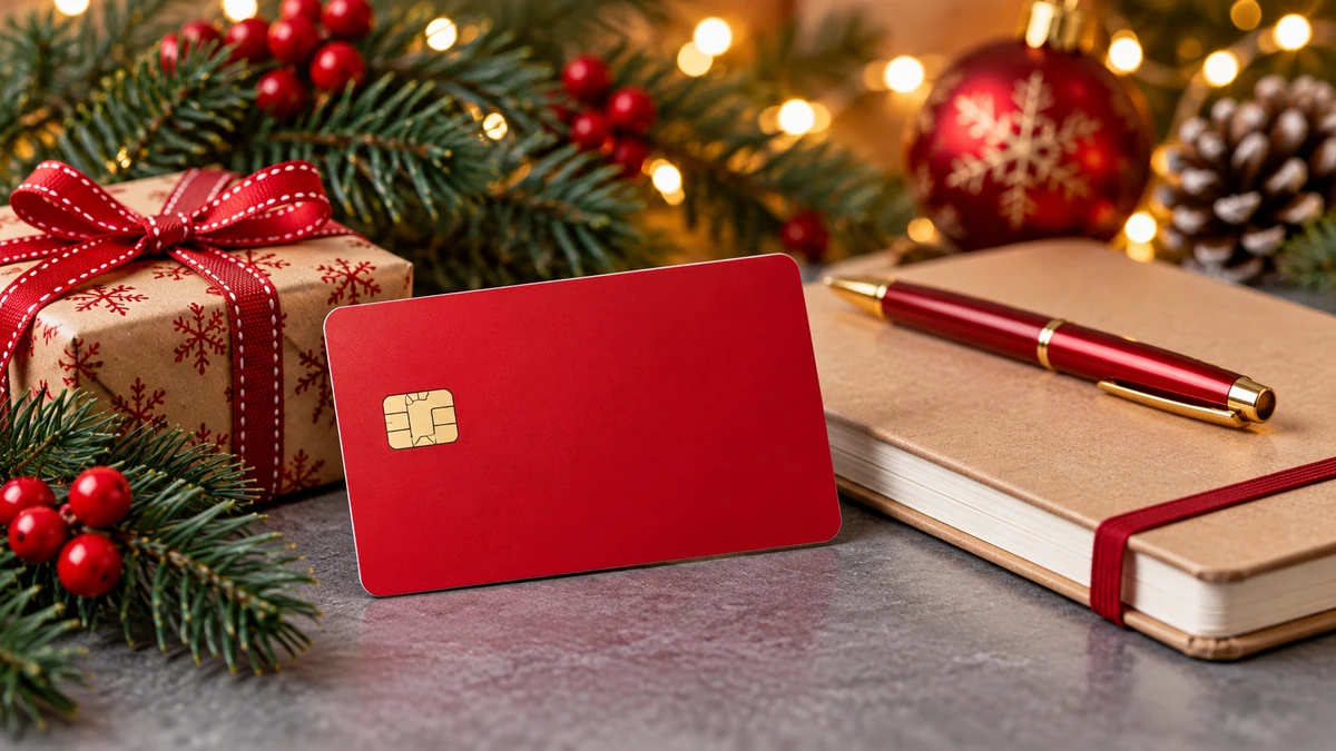 Carte de paiement rouge sans marque à côté d’un carnet et d’un cadeau Carte de paiement rouge sans marque à côté d’un carnet et d’un cadeau