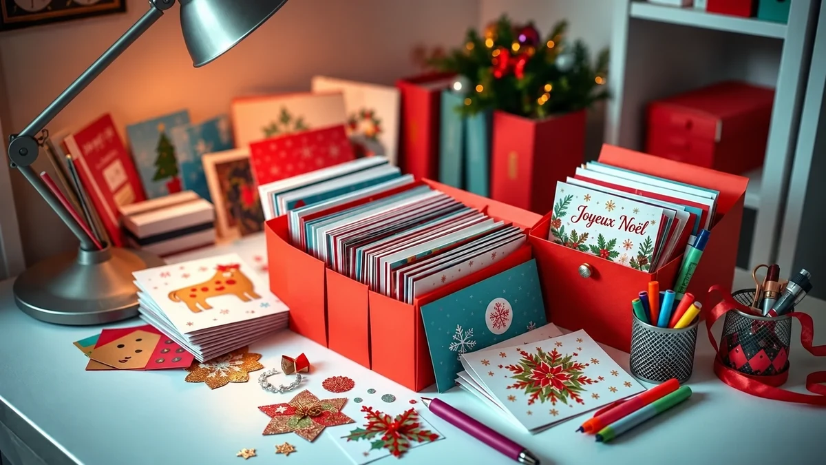 Cartes de Noël classées dans des organiseurs rouges sur un bureau