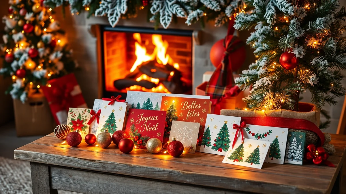 Cartes Joyeux Noël et Belles fêtes exposées sur une table décorée