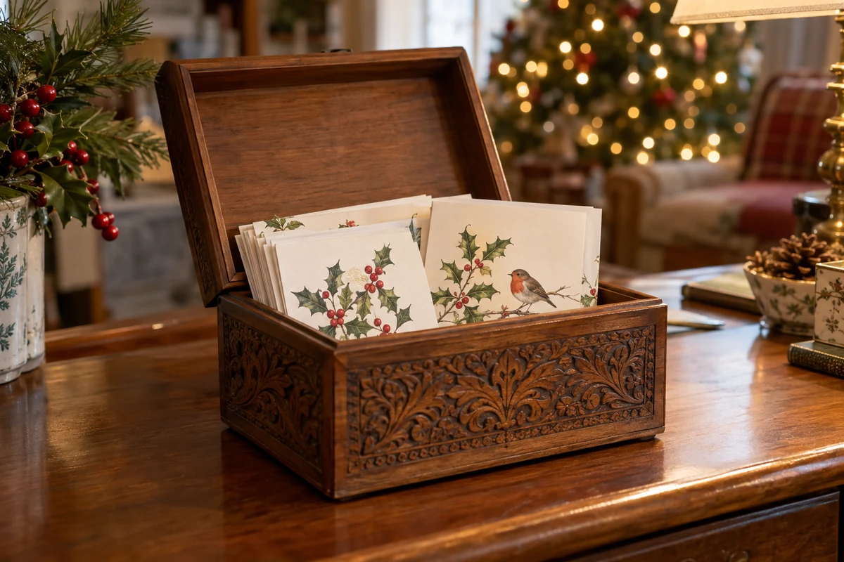 Cartes de Noël illustrées rangées dans une boîte à souvenirs