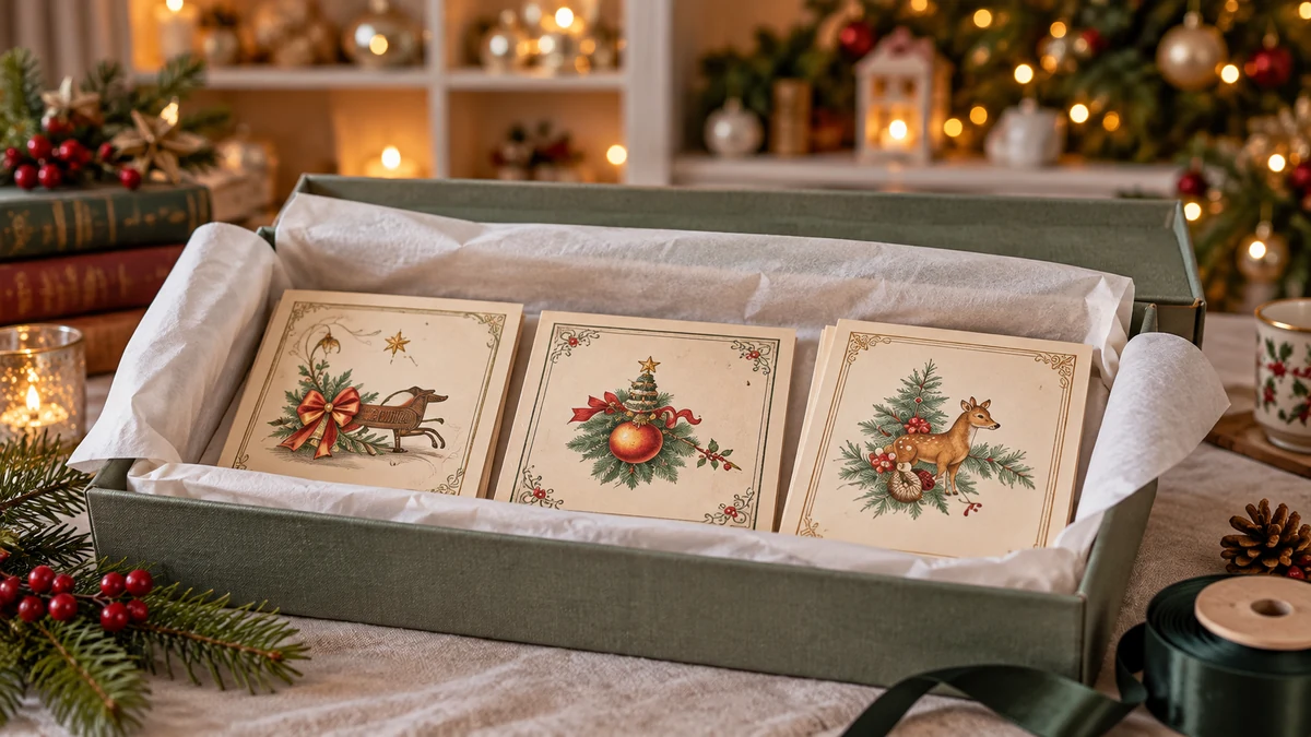 Cartes de Noël disposées dans une boîte garnie de papier de soie
