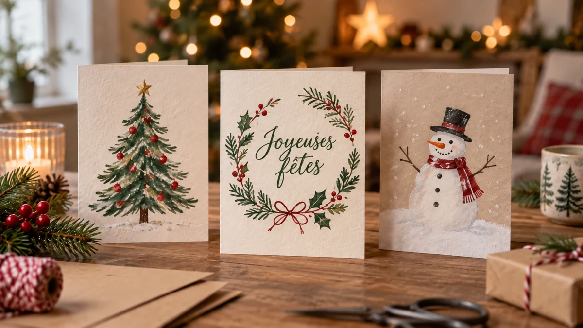 Trois cartes de Noël avec un sapin, une couronne de vœux et un bonhomme de neige Trois cartes de Noël avec un sapin, une couronne de vœux et un bonhomme de neige