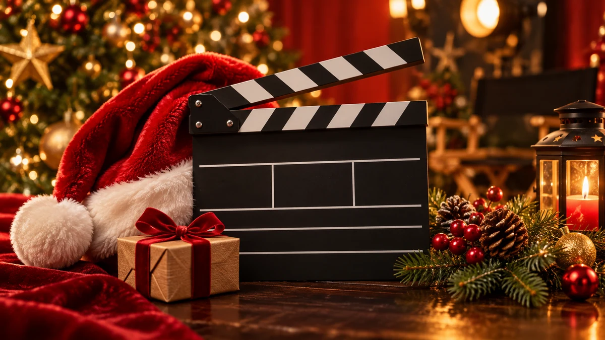 Clap de cinéma sans inscription parmi des décorations de Noël Clap de cinéma sans inscription parmi des décorations de Noël