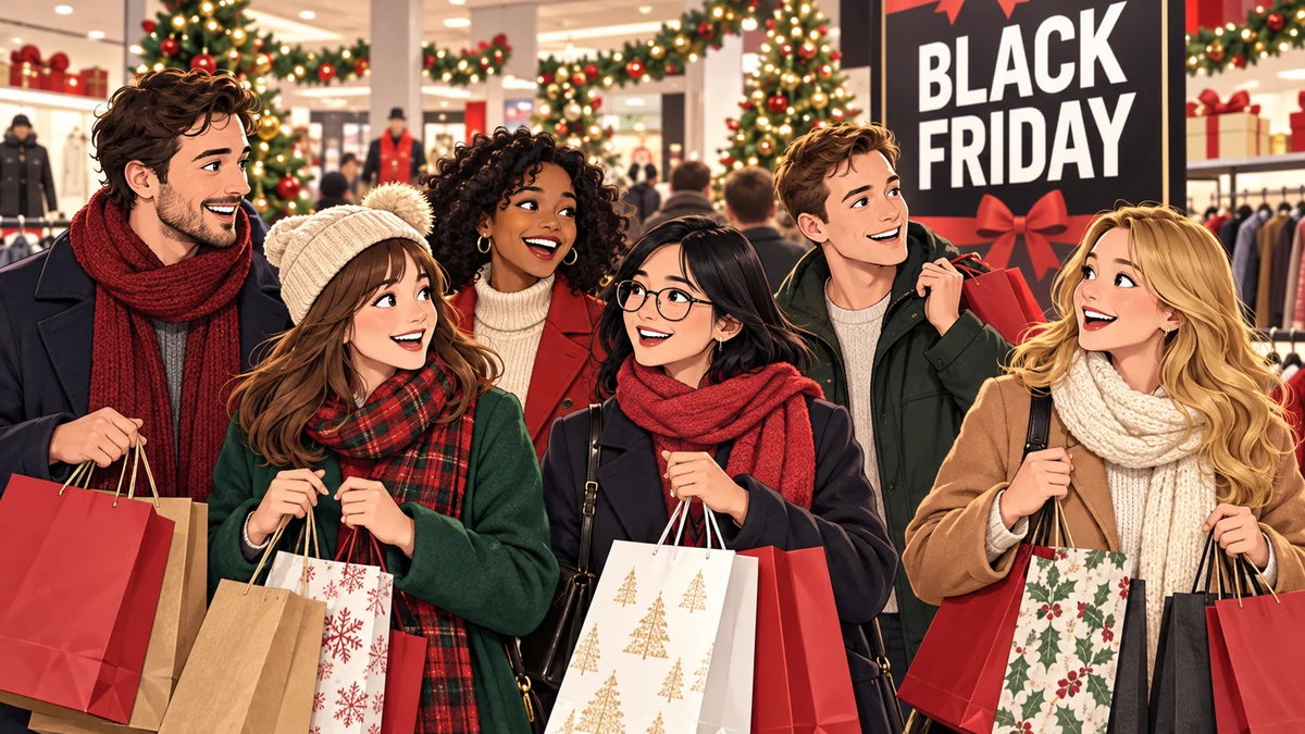 Illustration de clients portant des sacs devant un panneau Black Friday