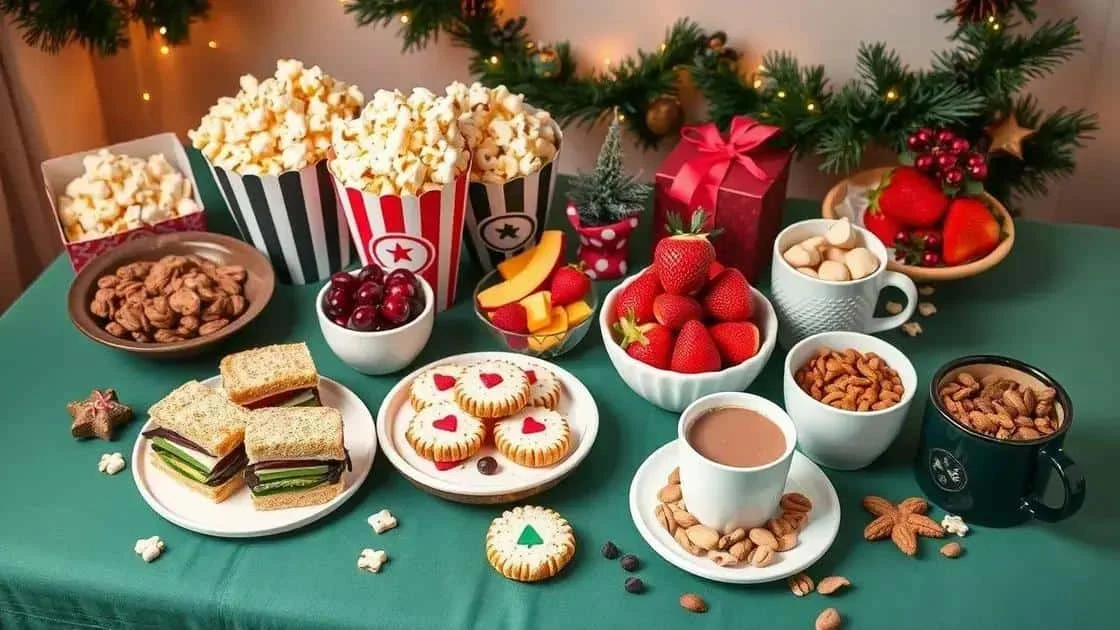 Pop-corn, sandwichs, fruits, biscuits, fruits à coque et boissons préparés pour une soirée cinéma