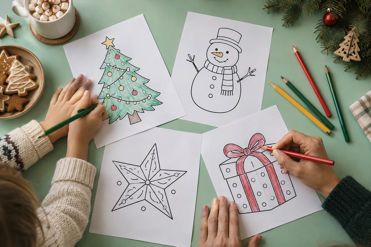 Dessins de sapin, de bonhomme de neige, d’étoile et de cadeau coloriés sur une table verte