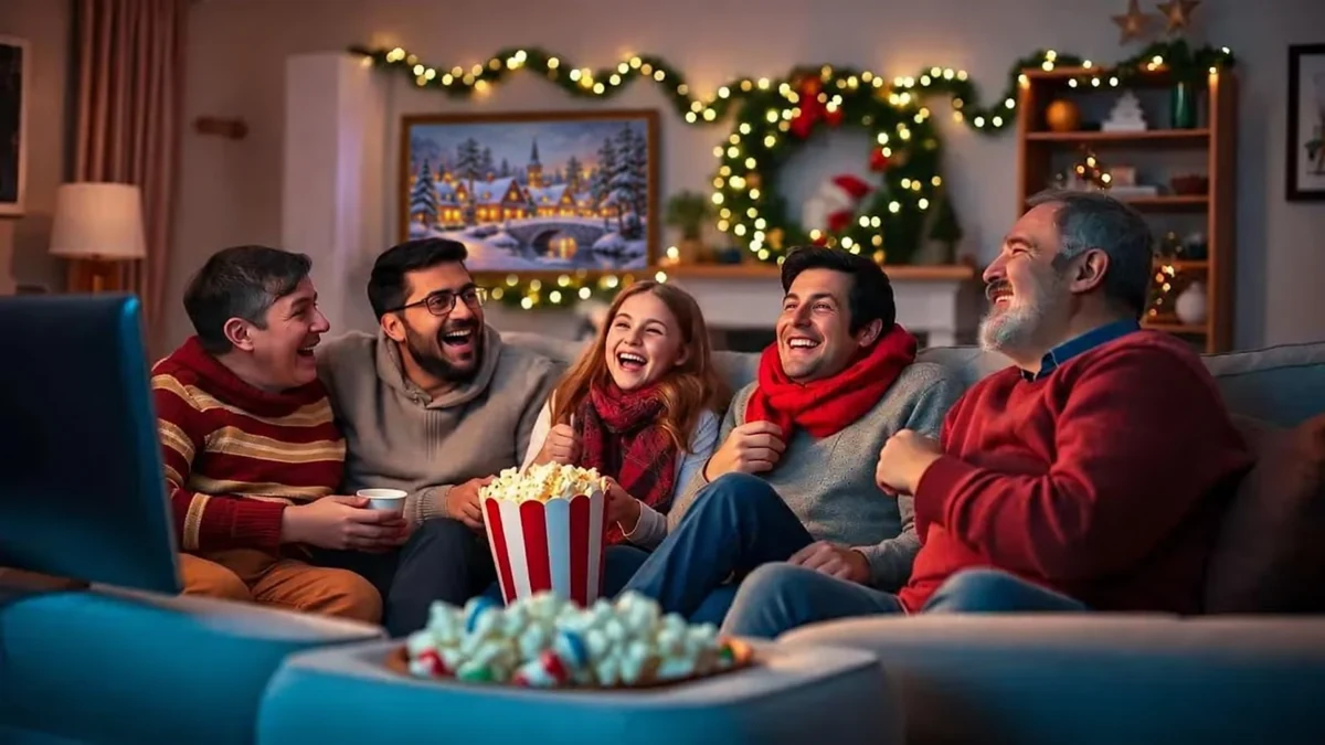 Illustration de cinq adultes riant devant la télévision dans un salon décoré pour Noël Illustration de cinq adultes riant devant la télévision dans un salon décoré pour Noël