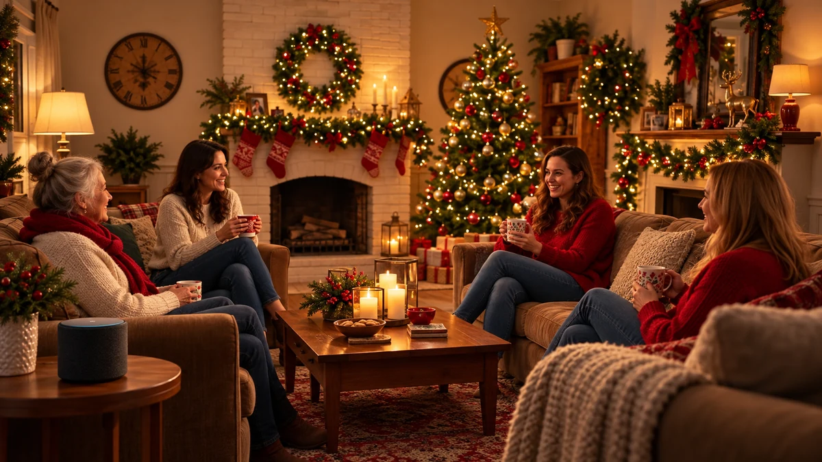 Quatre adultes discutant dans un salon décoré pour Noël Quatre adultes discutant dans un salon décoré pour Noël