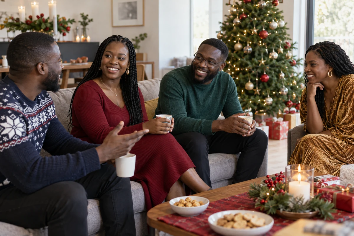 Illustration : quatre adultes discutent dans un salon décoré pour Noël