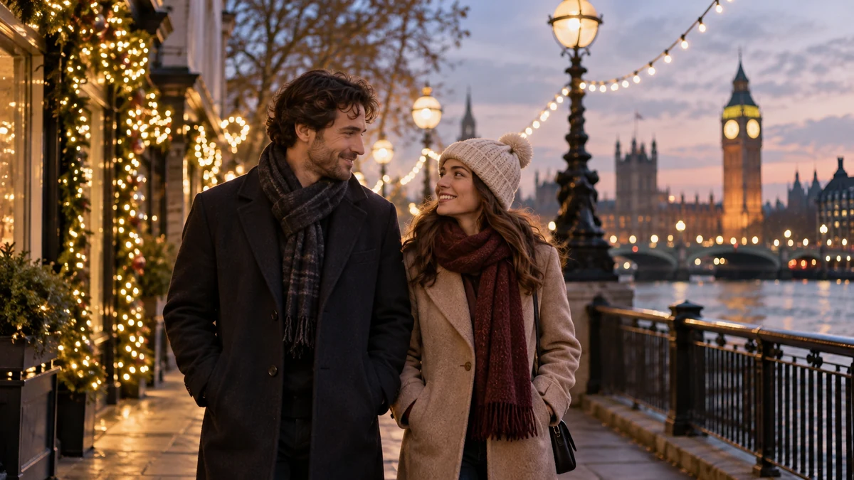 Un couple se promène dans un décor londonien illuminé pour Noël, illustration d’une ambiance romantique