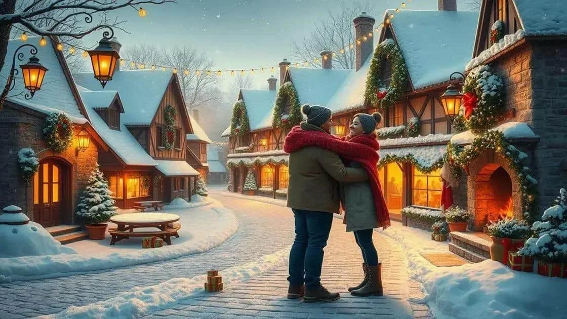 Illustration d’un couple enlacé dans un village enneigé décoré pour Noël