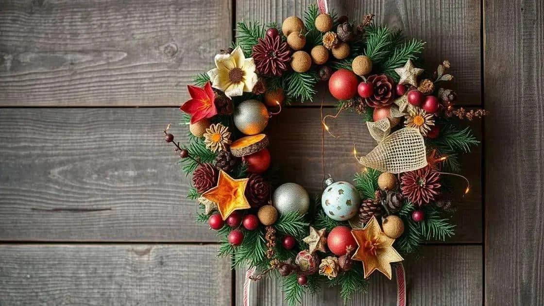 Couronne de Noël ornée de boules, d’étoiles, de pommes de pin et d’un nœud en toile