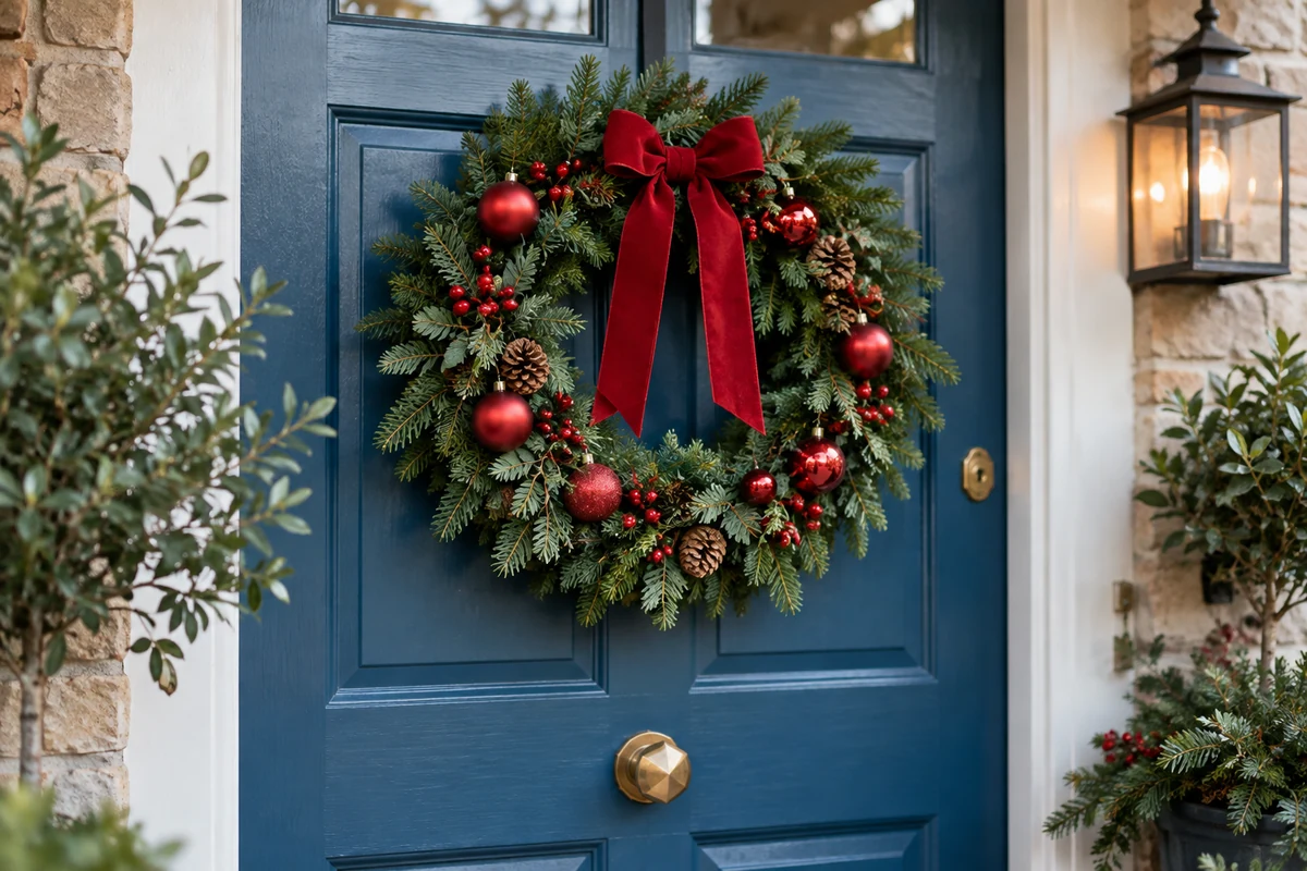 Couronne de feuillage avec des boules rouges et un grand nœud sur une porte bleue