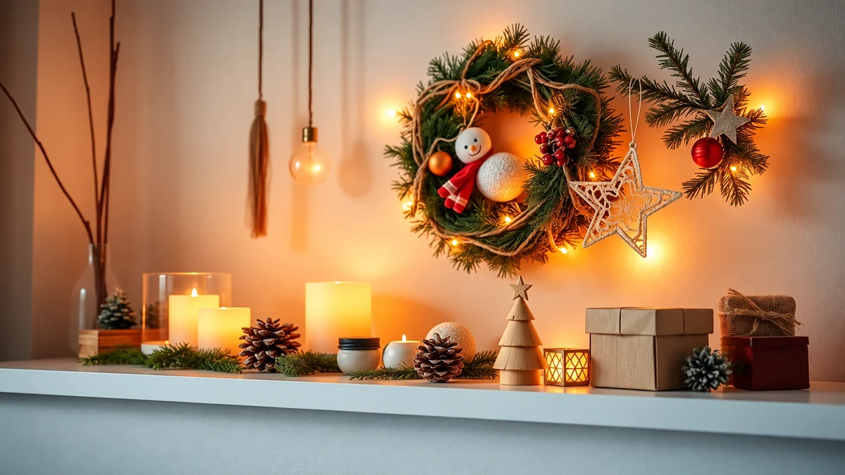 Une couronne, des étoiles et un petit sapin en bois sur une étagère