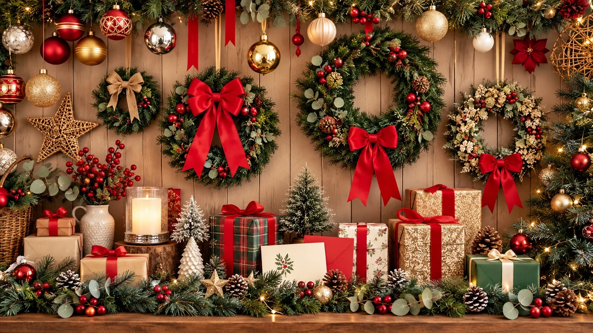 Couronnes de Noël et cadeaux emballés dans un décor festif Couronnes de Noël et cadeaux emballés dans un décor festif