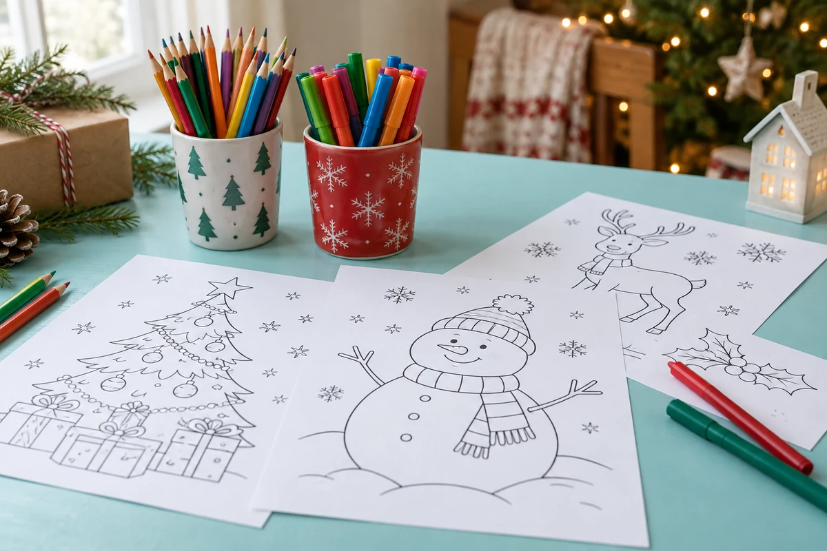 Crayons de couleur et feutres disposés près de dessins de Noël à colorier