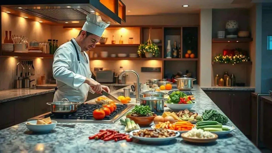 Un cuisinier prépare des ingrédients sur un plan de travail Un cuisinier prépare des ingrédients sur un plan de travail