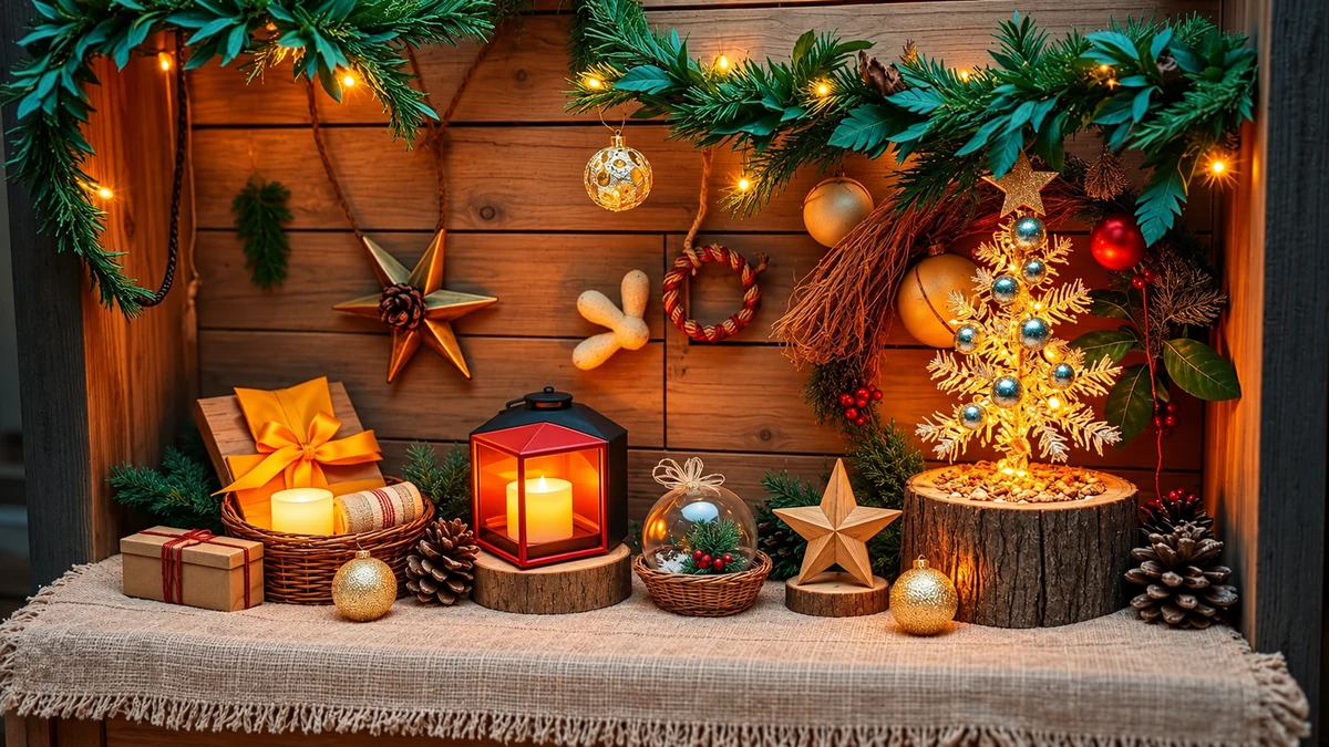 Décor de Noël rustique avec étoile en bois, lanterne et petit sapin doré Décor de Noël rustique avec étoile en bois, lanterne et petit sapin doré
