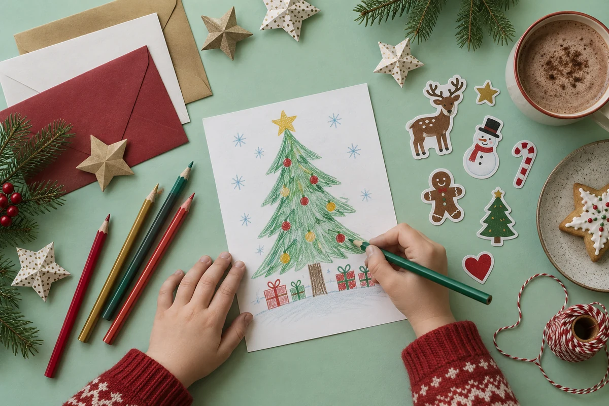 Des mains colorient un sapin entouré de crayons, d’enveloppes et d’autocollants de Noël