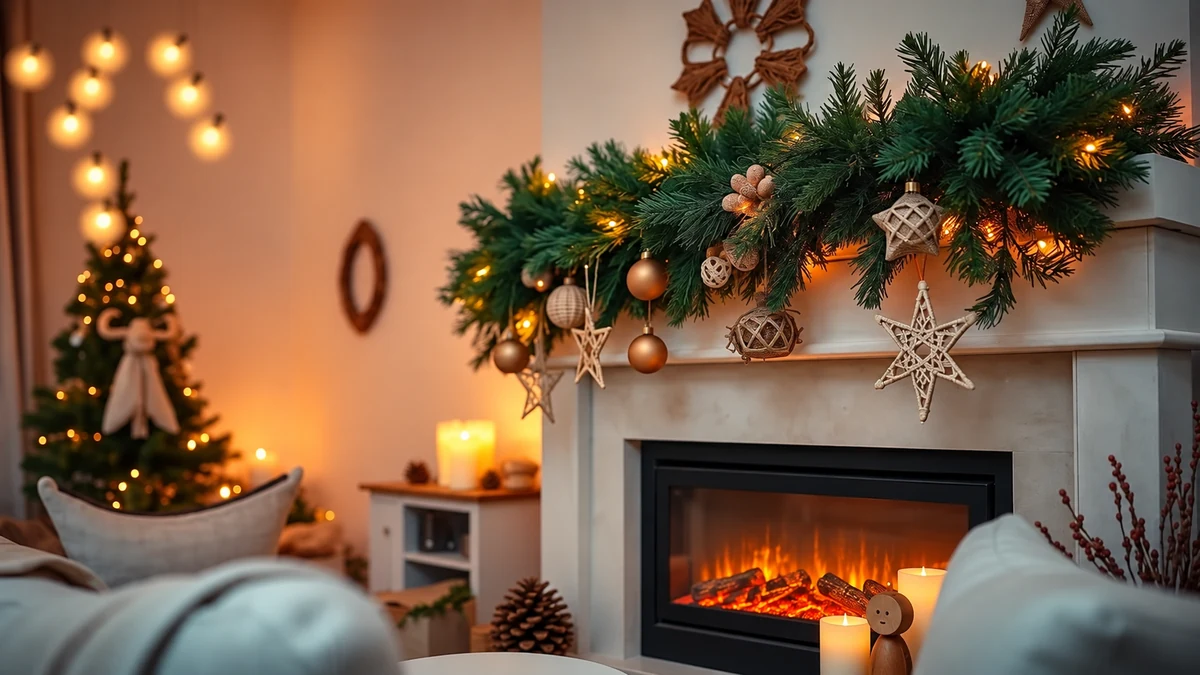 Salon de Noël avec une guirlande végétale et une cheminée décorative électrique