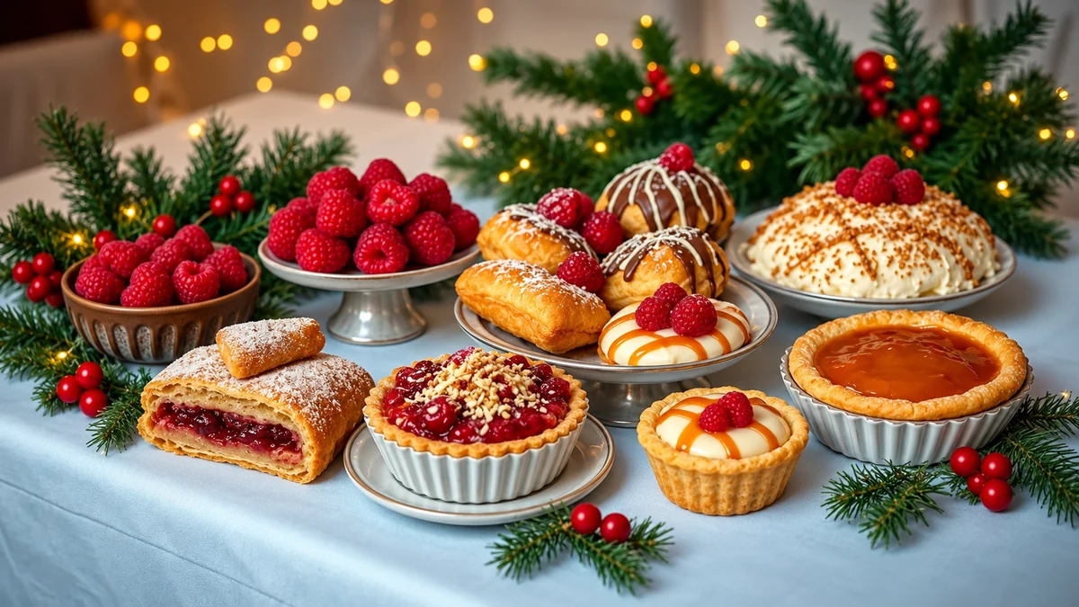Tartelettes, pâtisseries et framboises sur une table de Noël Tartelettes, pâtisseries et framboises sur une table de Noël